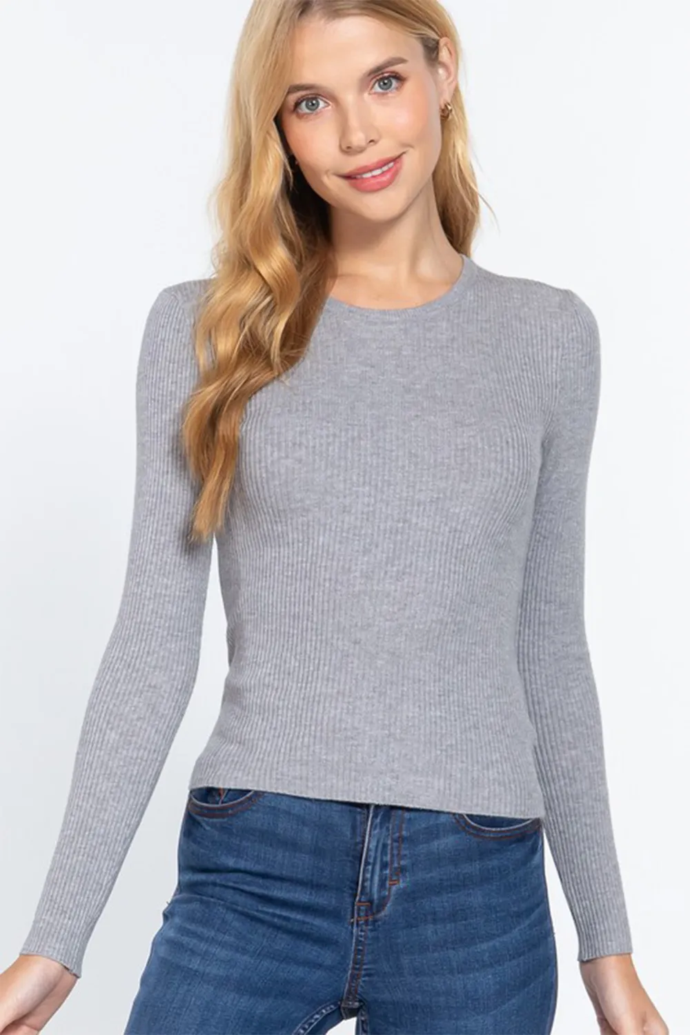 Full Size Ribbed Round Neck Long Sleeve Knit Top, image 3