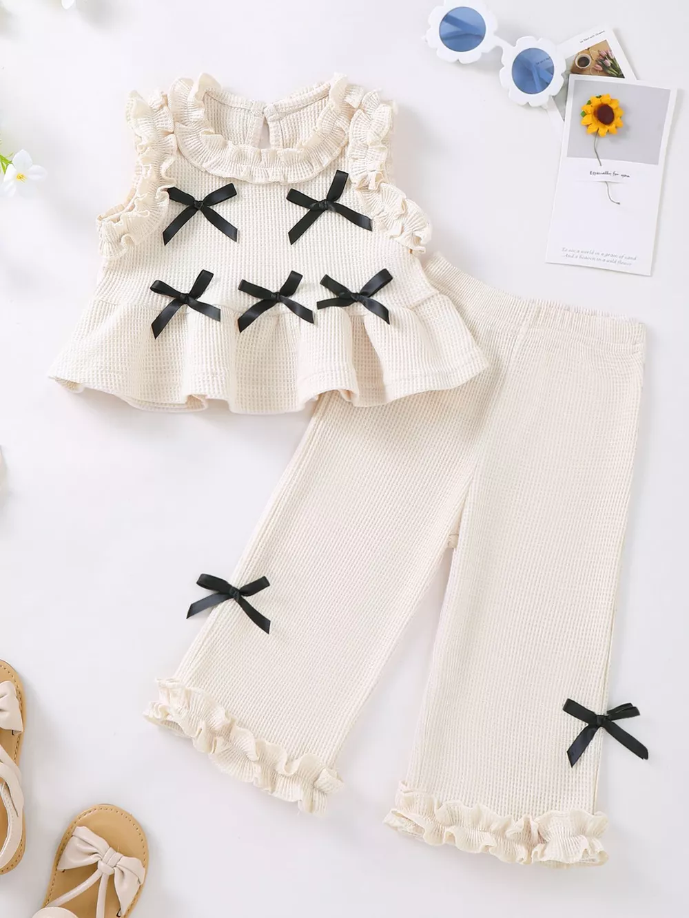 Children's Bow Waffle Knit Top and Pants Set, image 8