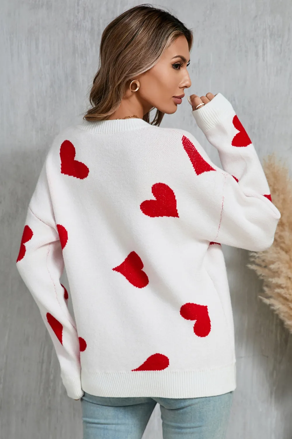 Heart Round Neck Dropped Shoulder Sweater, image 3