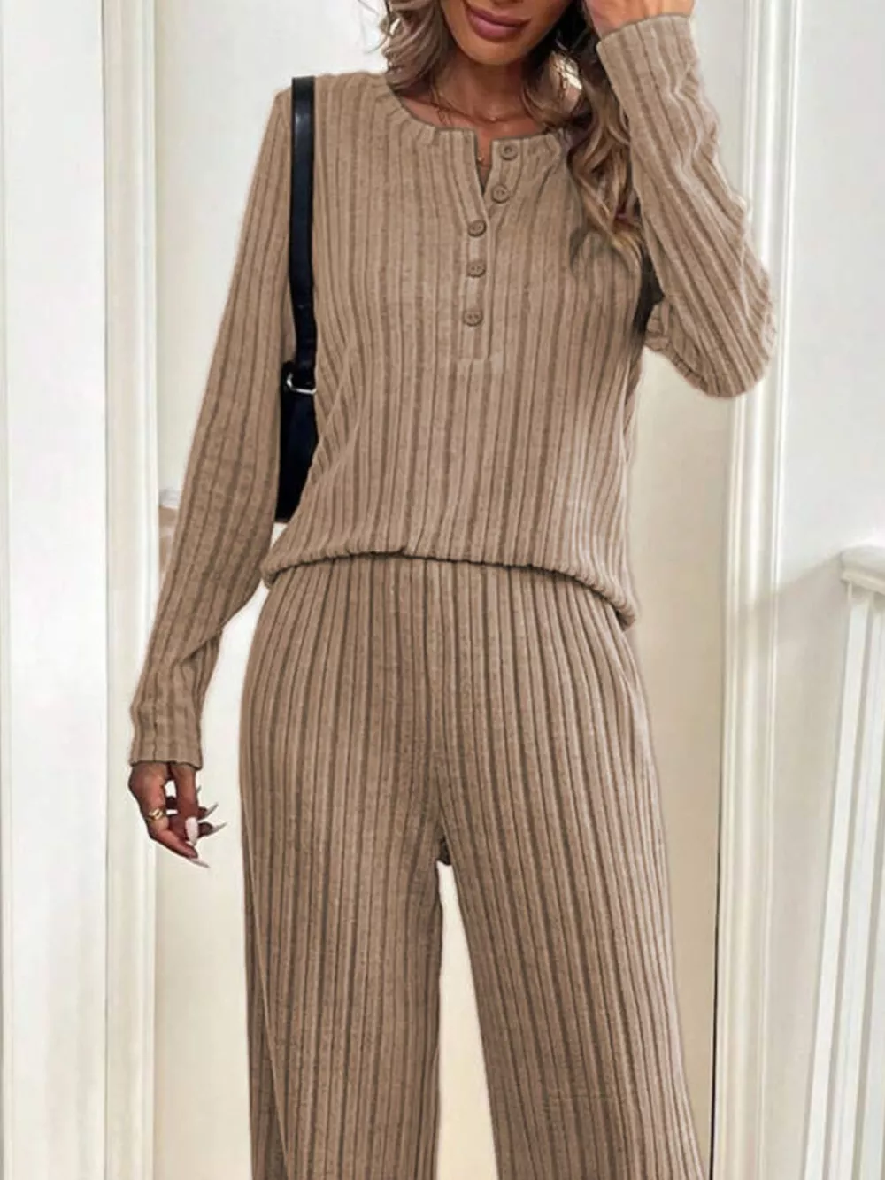 Button Detail Long Sleeve Top and Pants Set, image 9
