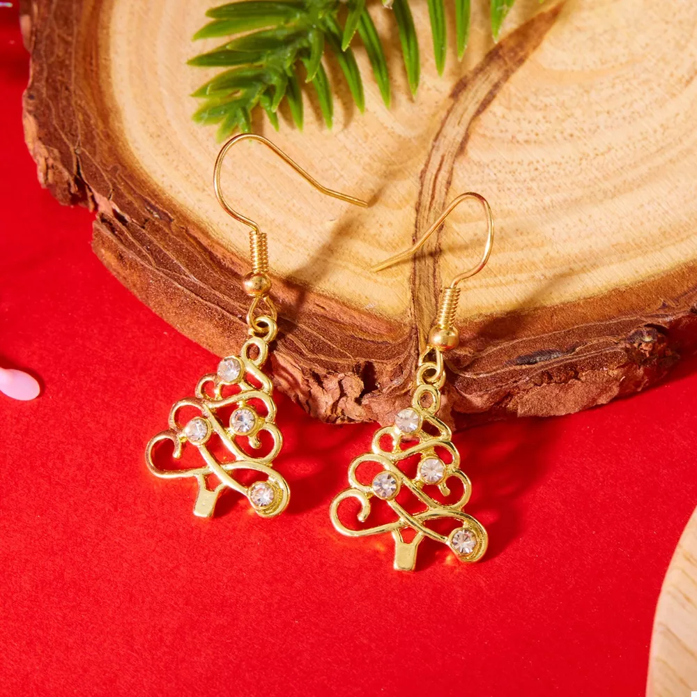 18K Gold-Plated Rhinestone Christmas Tree Dangle Earrings, image 3