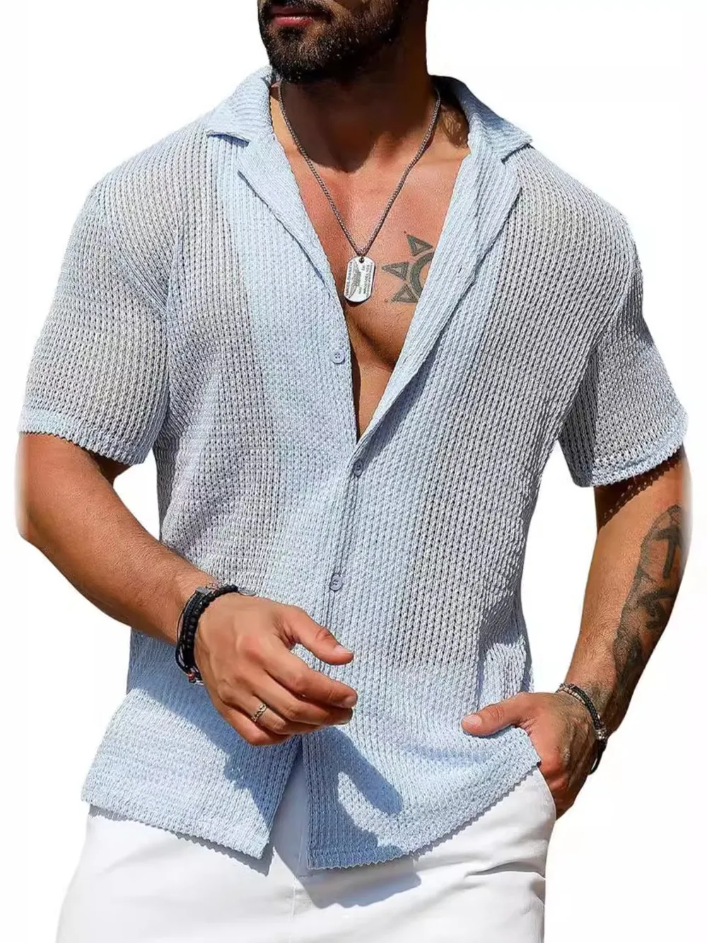 Men's Full Size Openwork Button Down Short Sleeve Shirt Plus Size, image 4