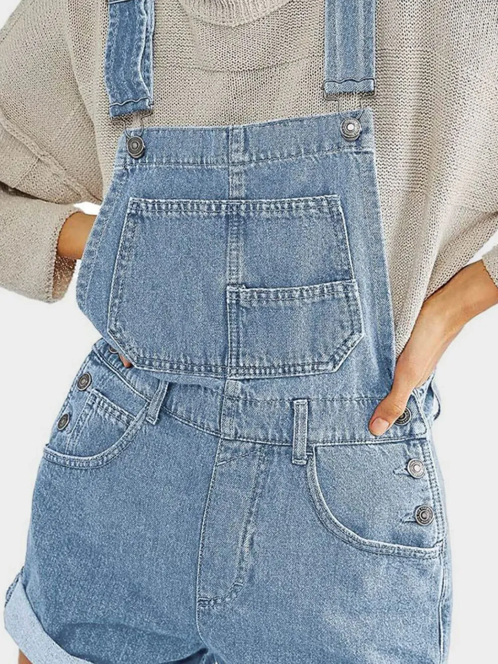 Pocketed Square Neck Wide Strap Denim Overalls, image 3