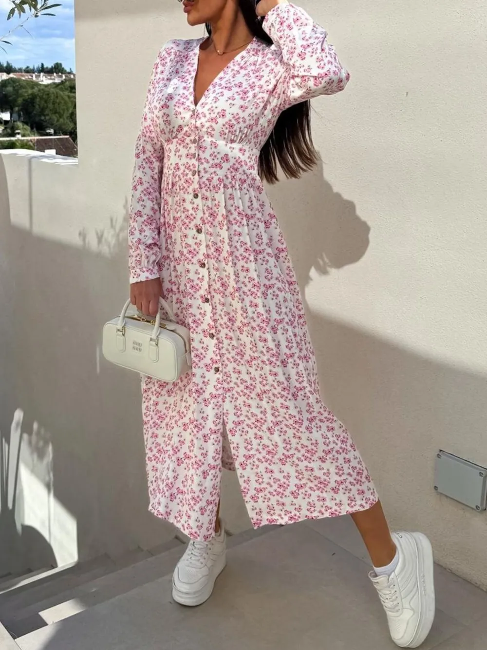 Floral Print Long Sleeve V-Neck Dress, image 10