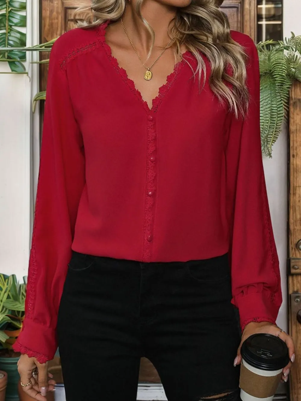 Lace Detail V-Neck Long Sleeve Blouse, image 3