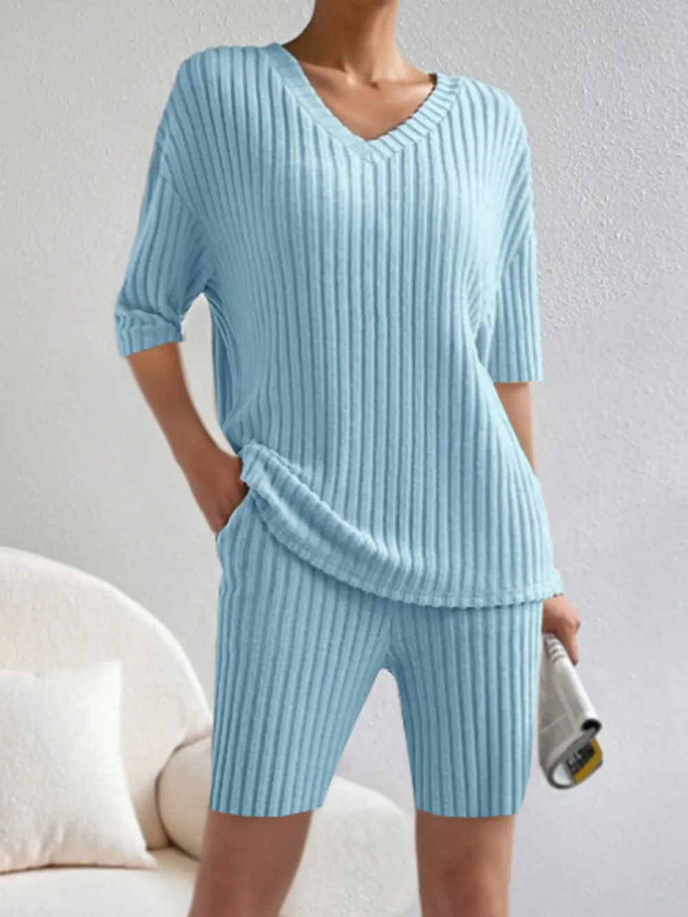Ribbed V-Neck Top and Shorts Set, image 10