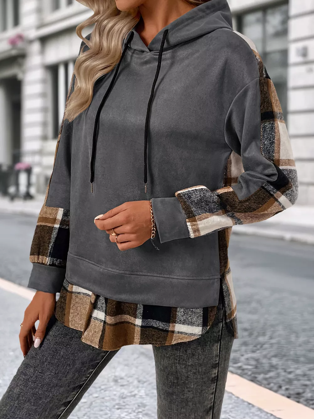Plaid Drawstring Long Sleeve Hoodie, image 11
