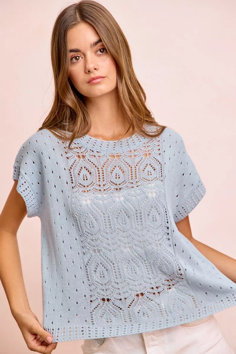 Washed Eyelet Short Sleeve Breathable Knit Top, image 2