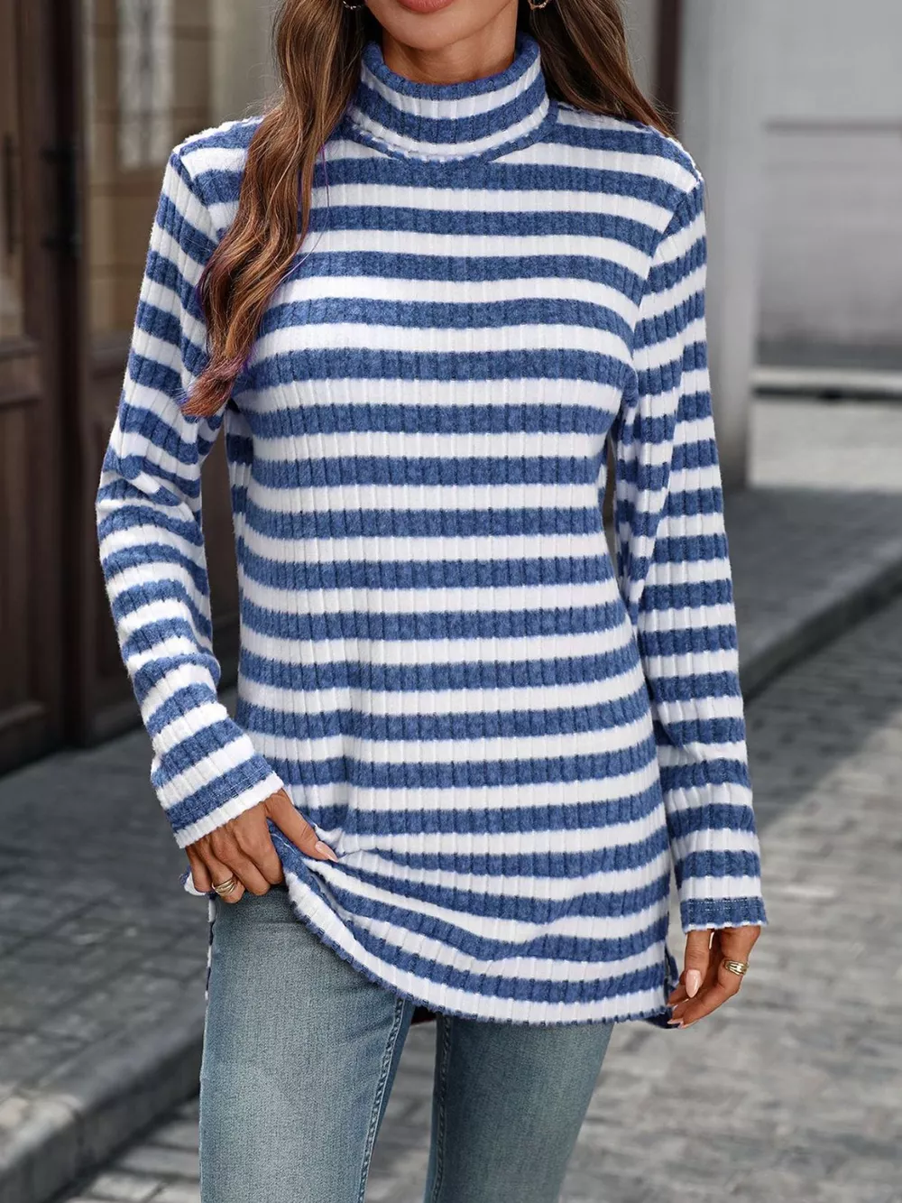 Striped Turtleneck Long Sleeve Knit Top, image 6