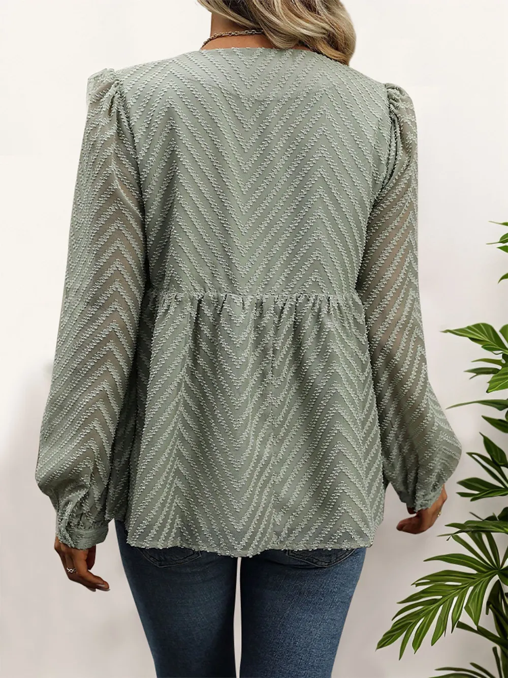 Peplum Round Neck Long Sleeve Blouse, image 2