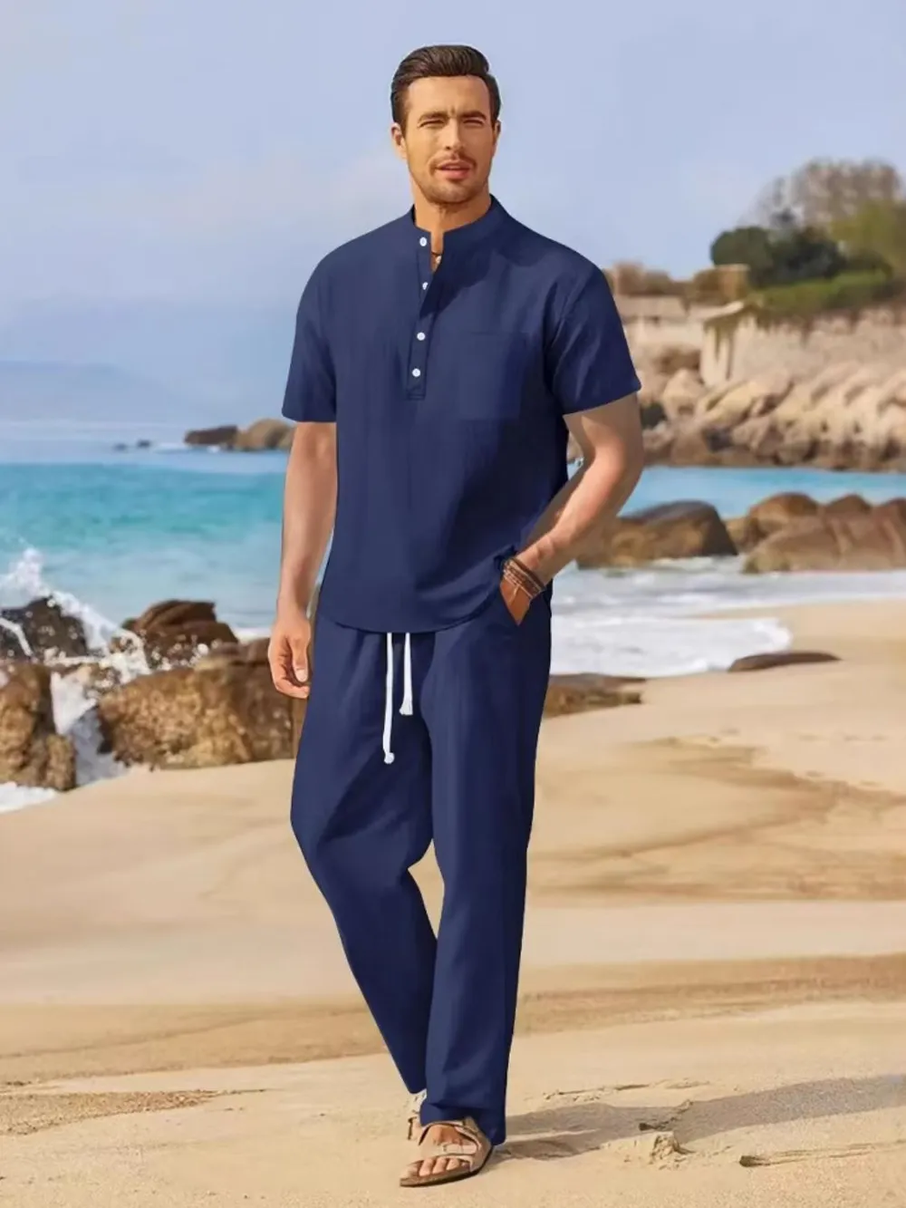 Men's Full Size Half Button Top and Drawstring Pants Set Plus Size, image 4