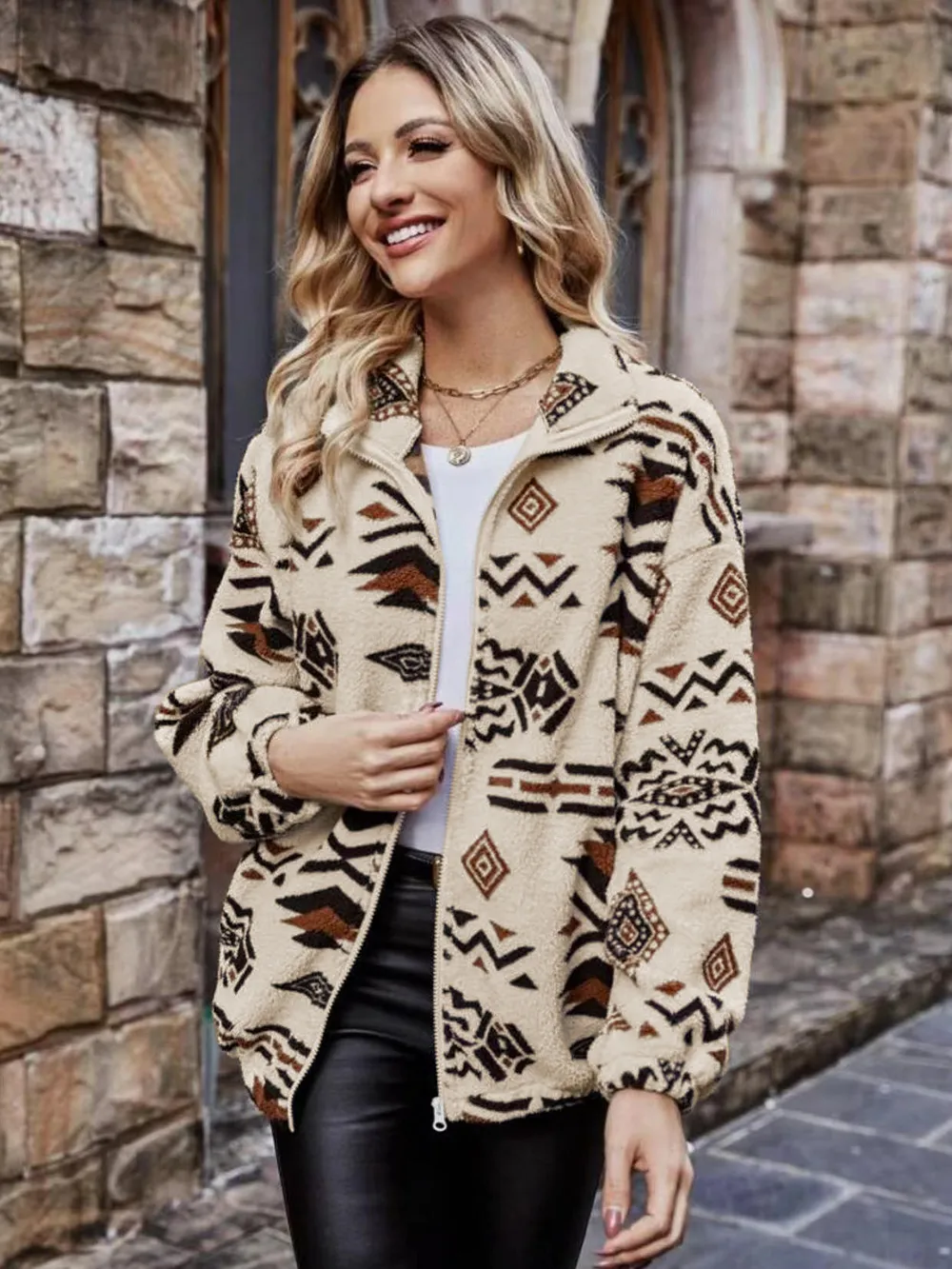 Geometric Zip Up Long Sleeve Outerwear, image 4