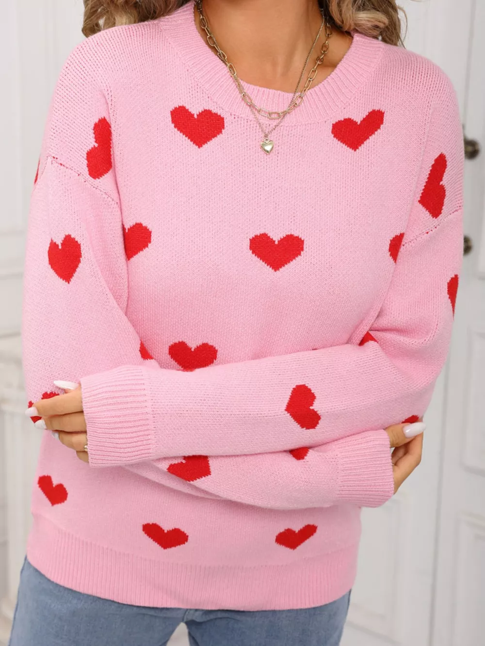 Valentine's Day Heart Pattern Dropped Shoulder Sweater, image 11