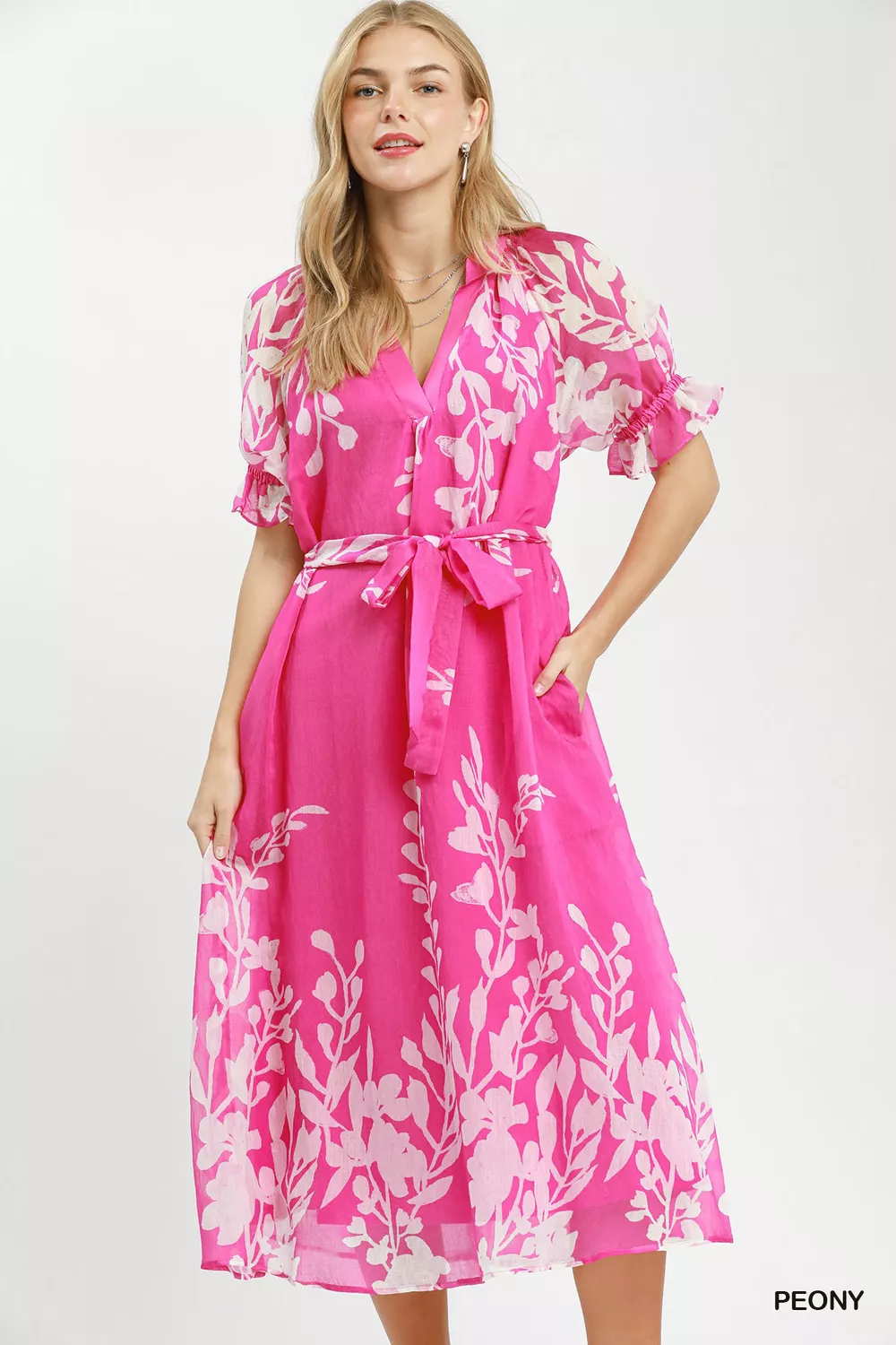 Floral Print Tie Waist Midi Dress with Side Pockets