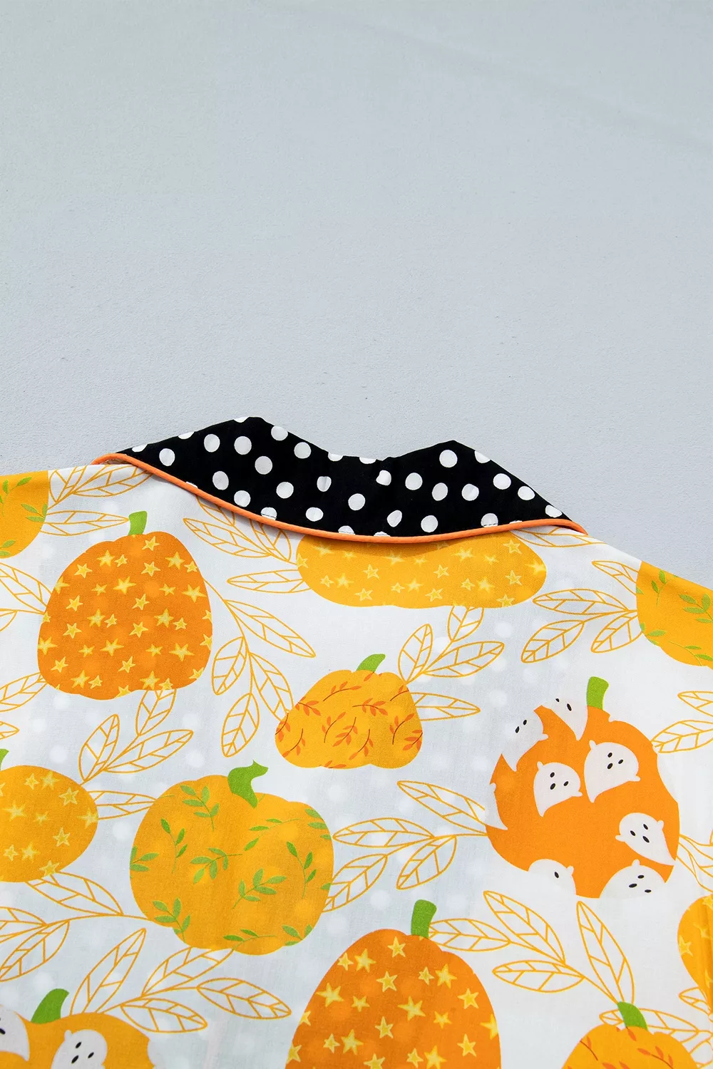 Short Sleeve Pumpkin Print Polka Dot Trim Pocket Placket Lounge Set, image 9