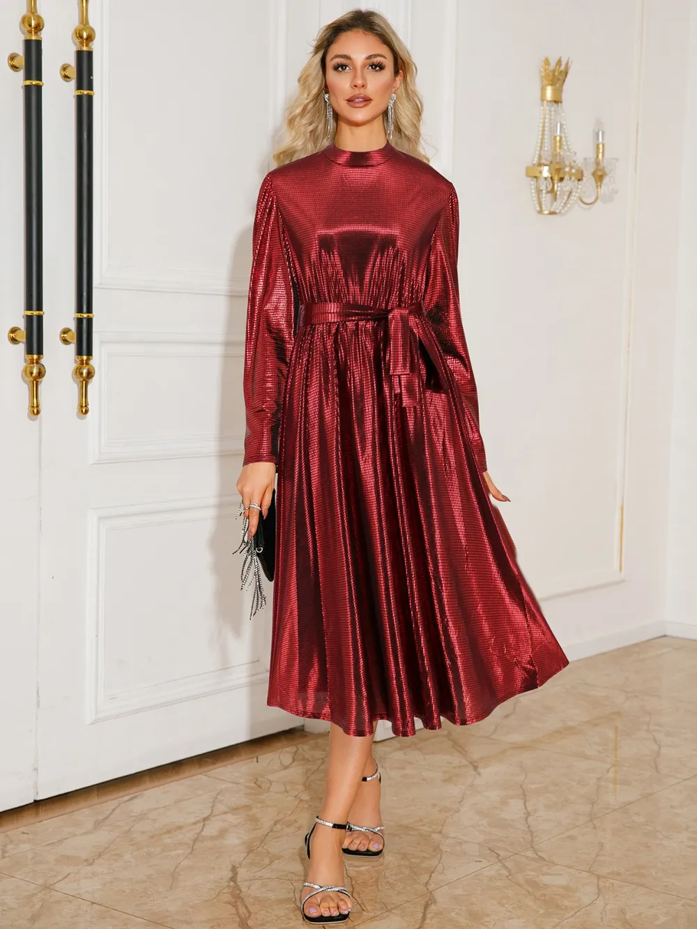 Tie Waist Long Sleeve Midi Dress, image 9