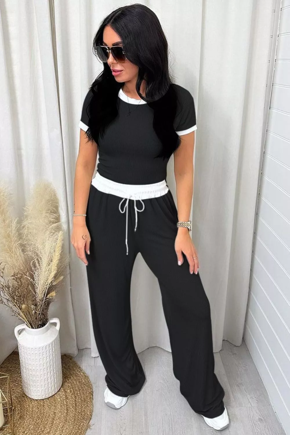Contrast Trim Round Neck Top and Pants Set, image 7