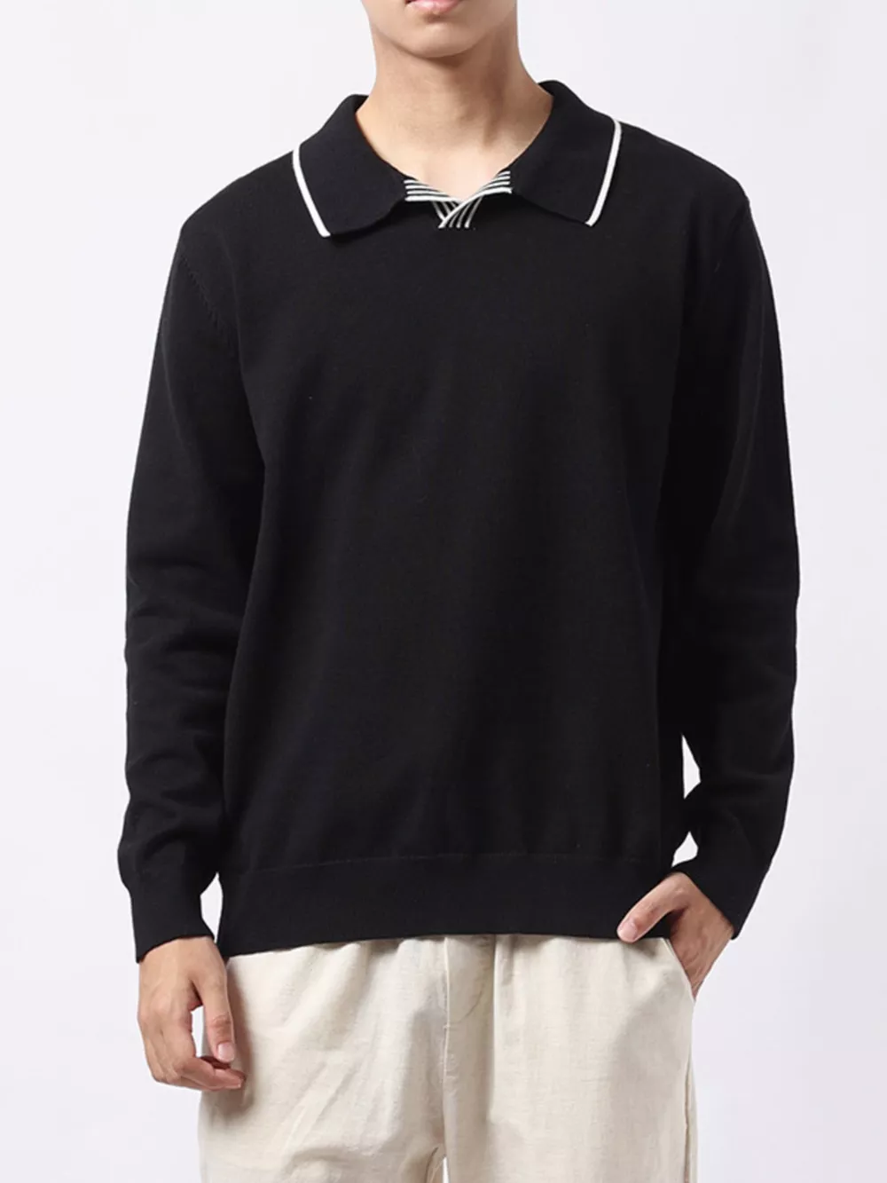 Men's Plus Size Long-Sleeve Contrast Trim Polo