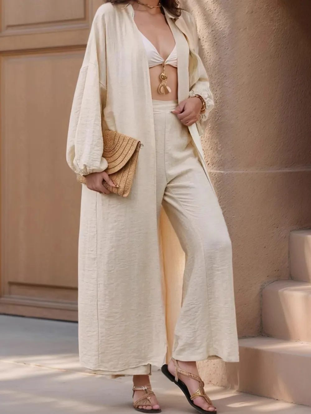 Open Front Balloon Sleeve Cardigan and Pants Set, image 2