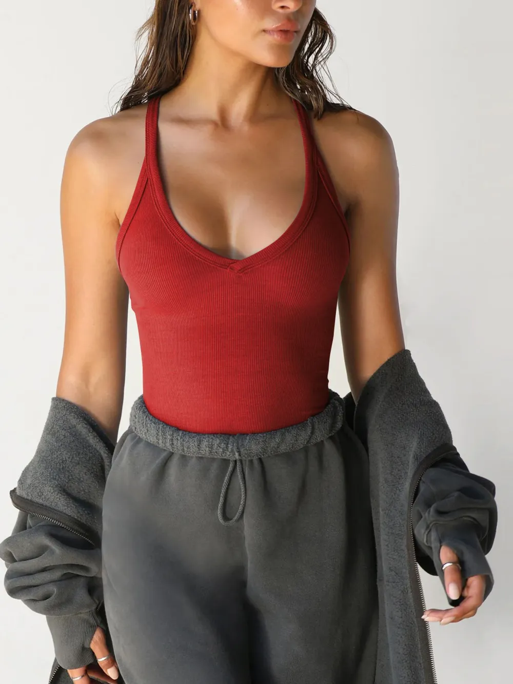 Ribbed V-Neck Halter Tank Top, image 3