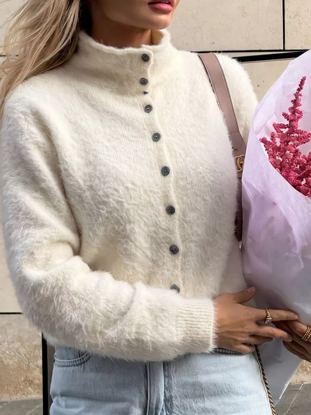 Mock Neck Button-Down Fuzzy Knit Cardigan, image 10