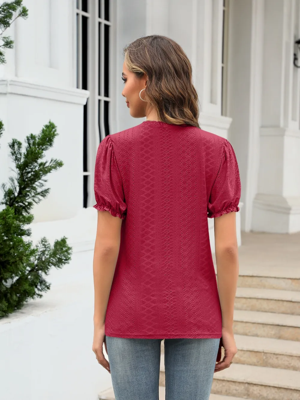 Eyelet Round Neck Short Sleeve Blouse, image 3