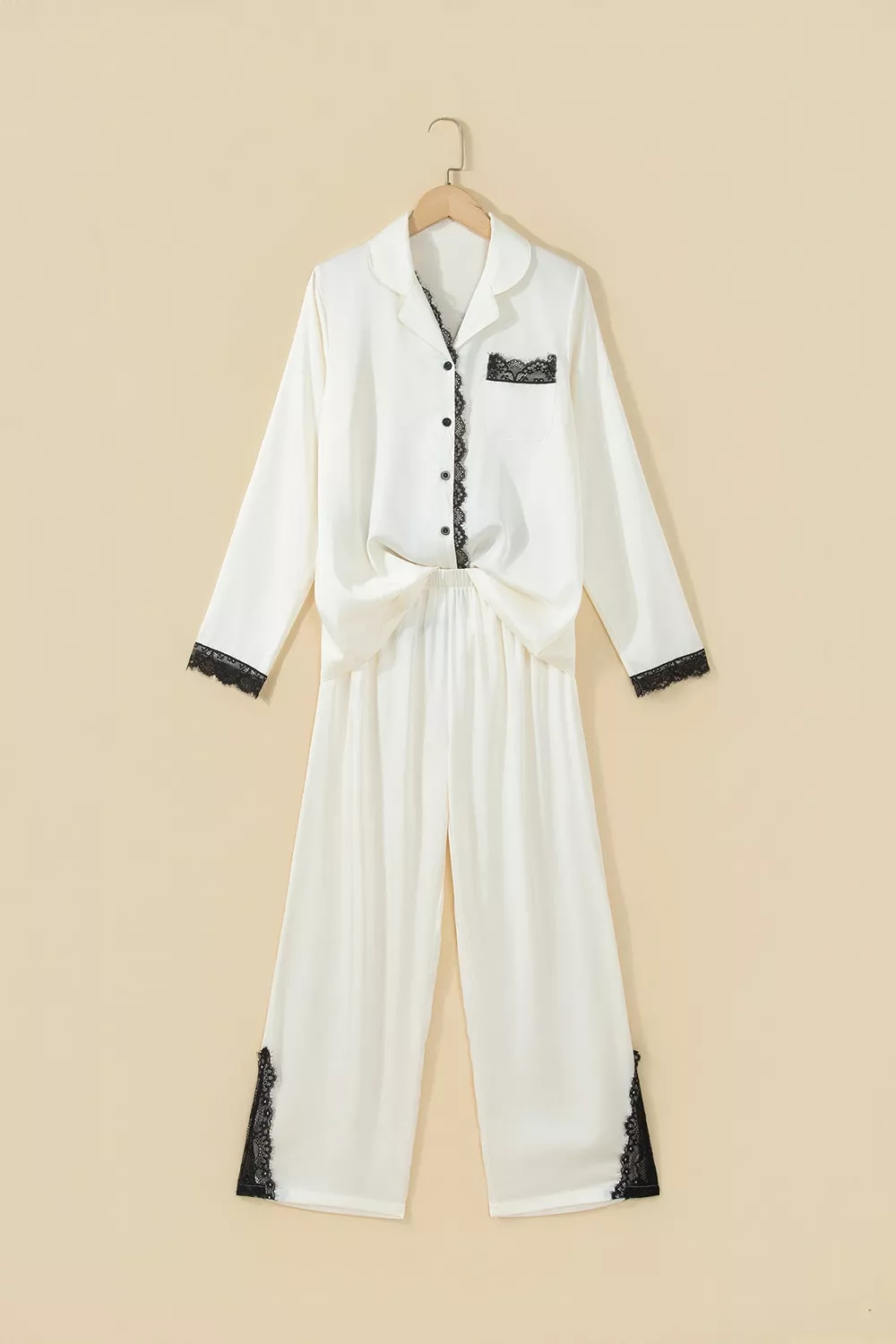Long Sleeve Lace Trim Button Front Pajama Set, image 3