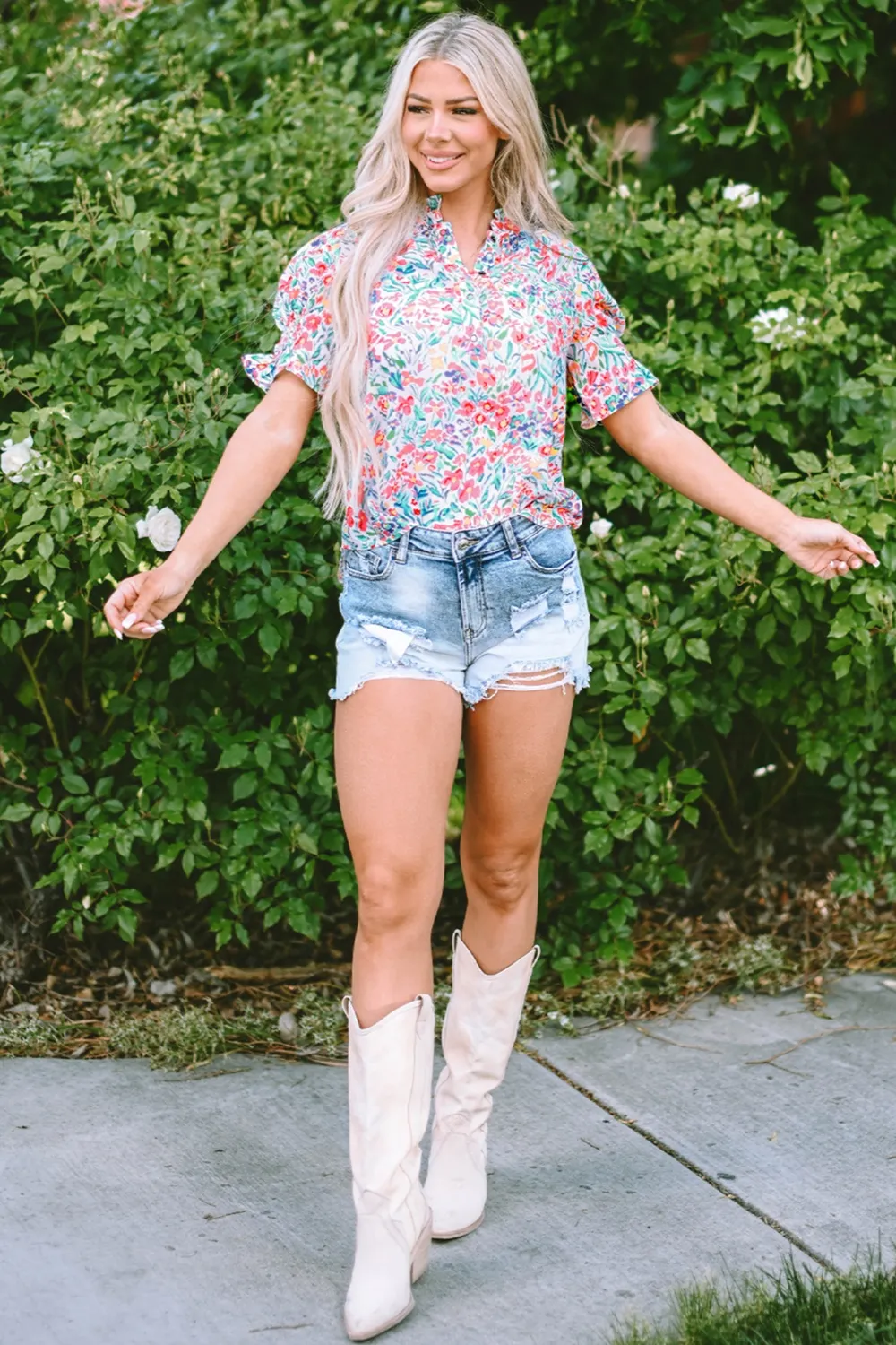 Printed Notched Short Sleeve Blouse, image 6