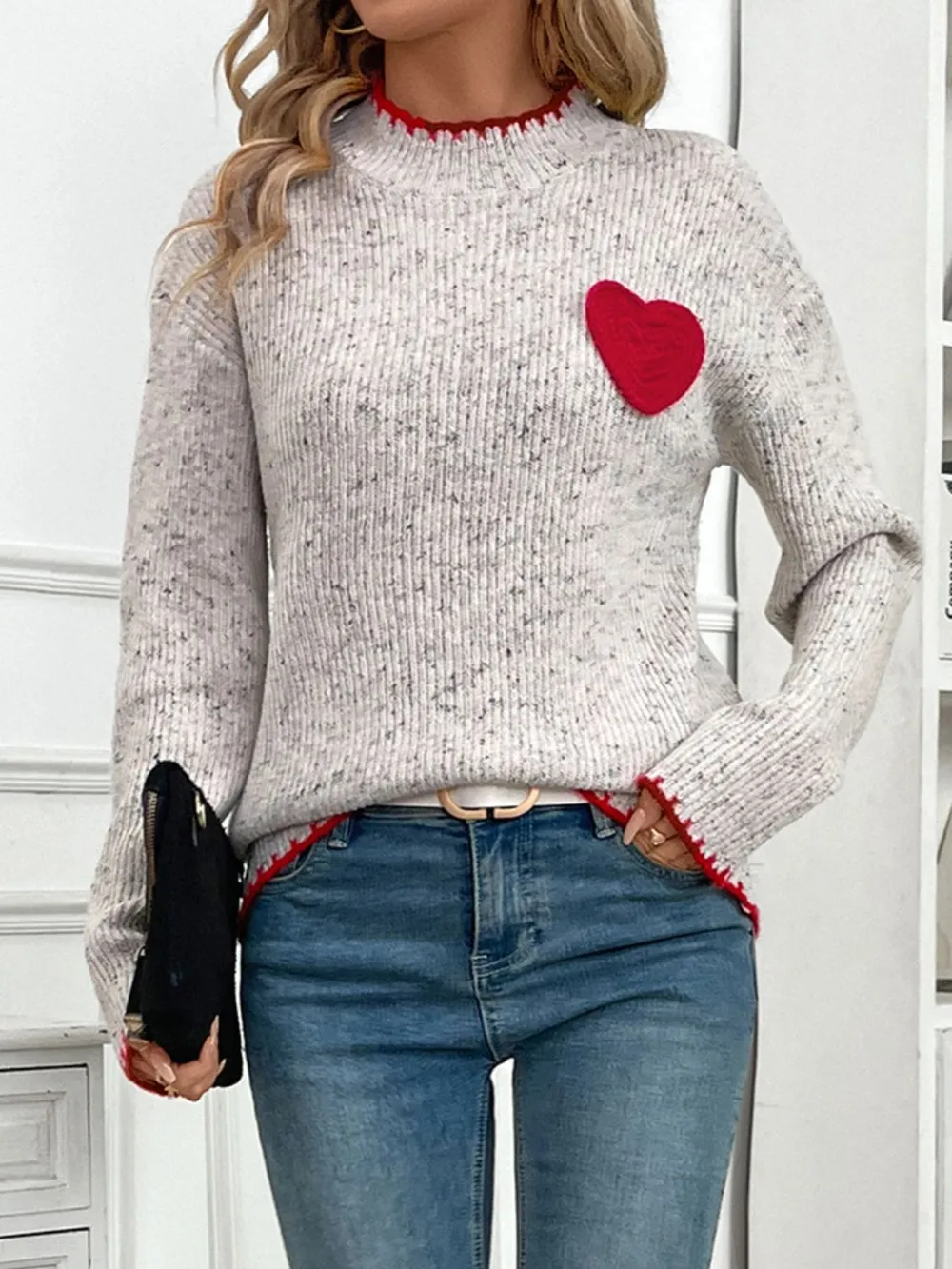 Contrast Heart Round Neck Long Sleeve Sweater, image 2
