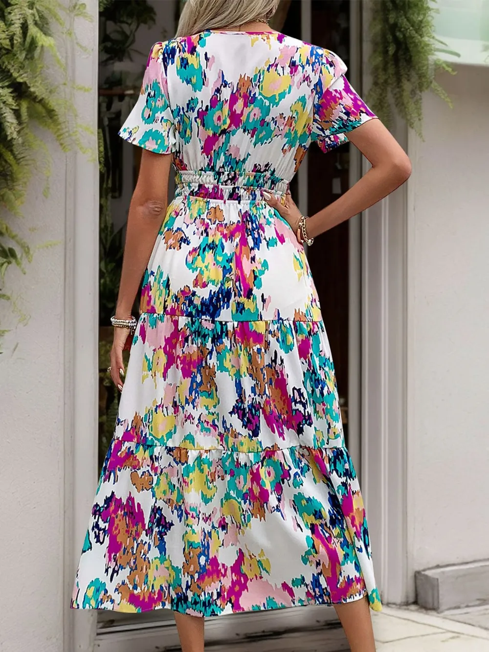 Printed Notched Short Sleeve Midi Dress, image 3