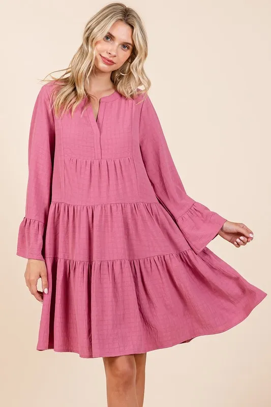 Tiered Notched Flare Sleeve Dress, image 3