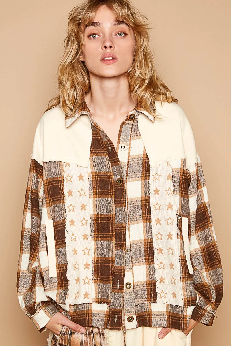 Plaid & Star Patchwork Contrast Long Sleeve Shacket, image 4