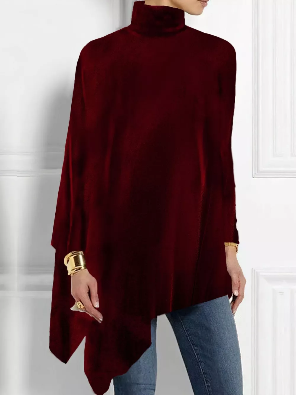Elegant Turtleneck Asymmetric Hem Top, image 4