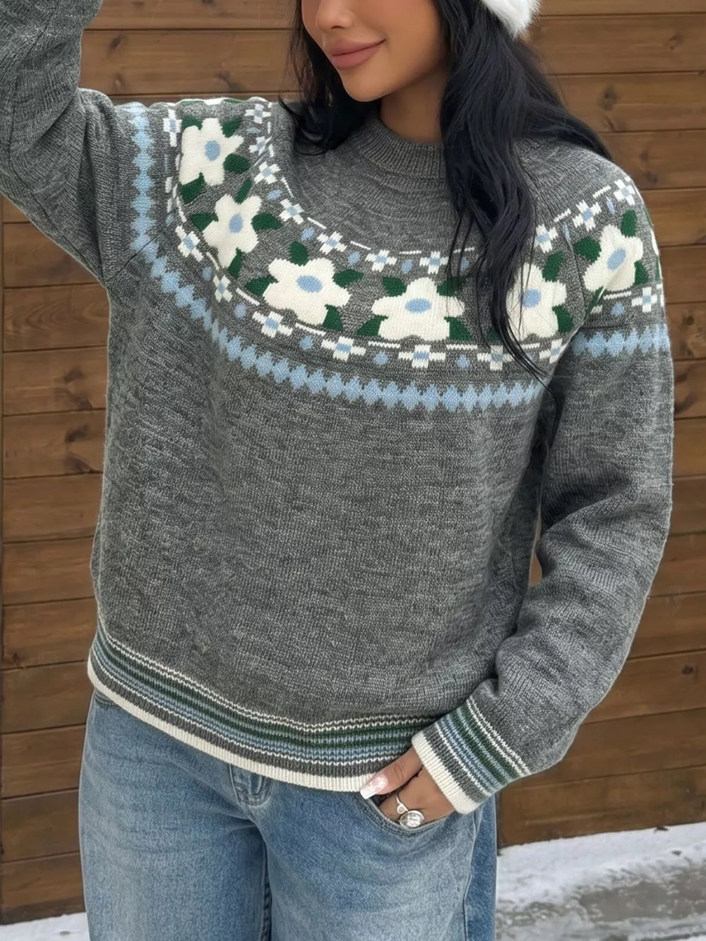 Floral Pattern Round Neck Sweater, image 3