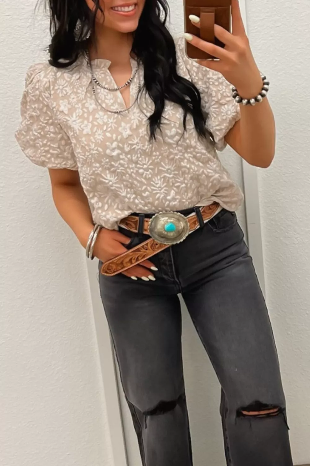 Floral Textured Jacquard Puff Sleeve Blouse, image 3