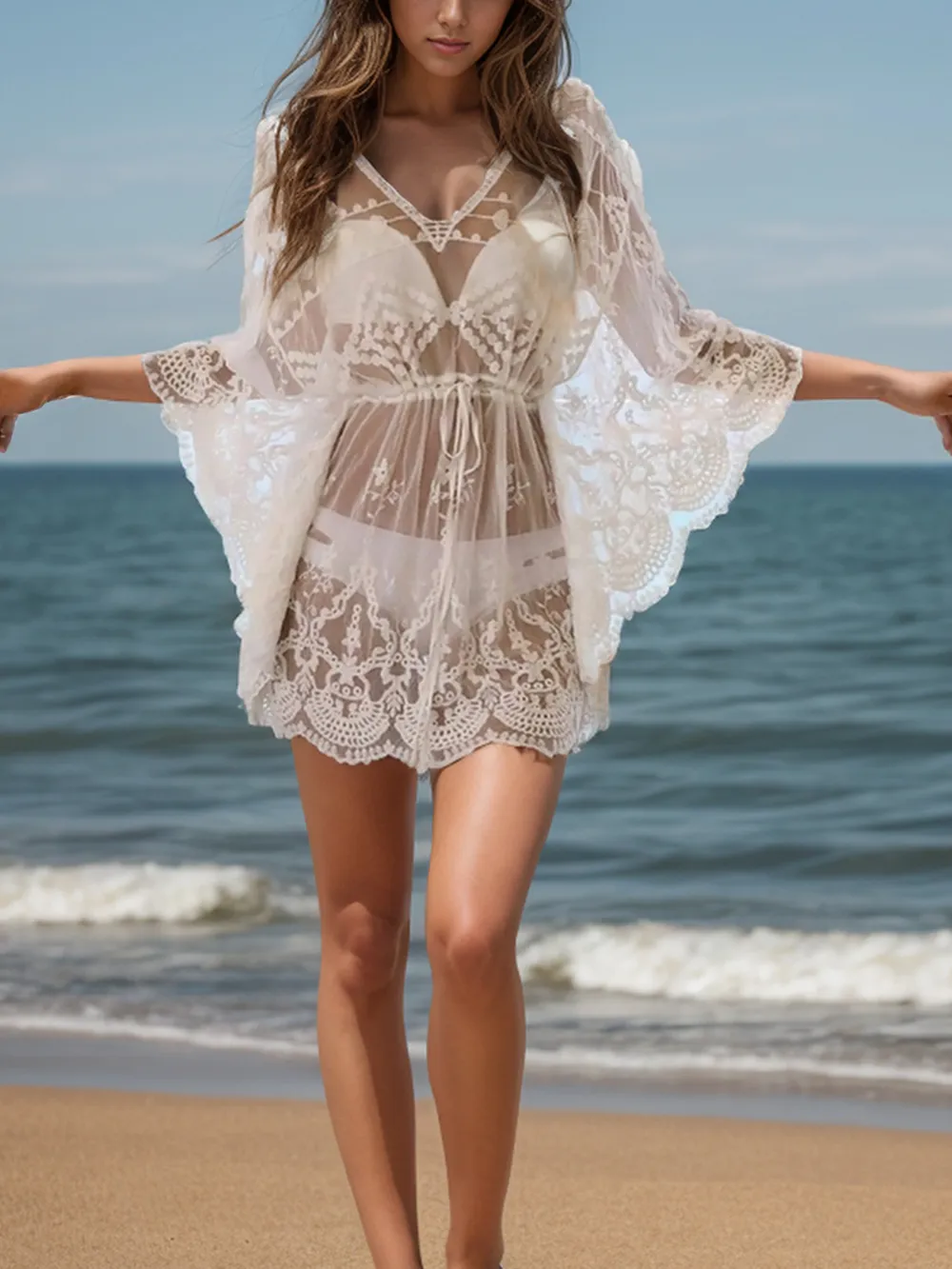 Lace V-Neck Three-Quarter Sleeve Cover Up, image 6