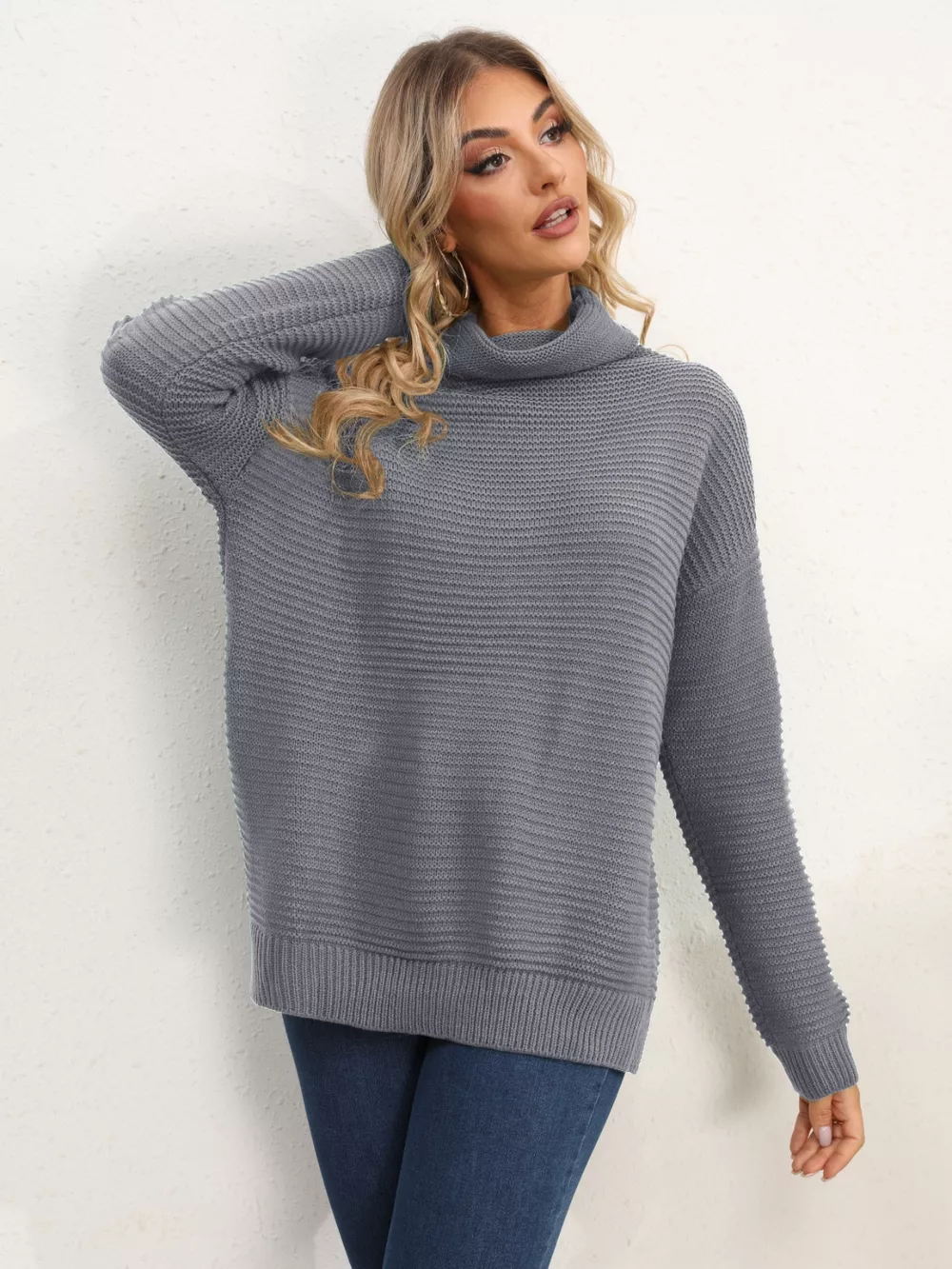 Slit Turtleneck Dropped Shoulder Sweater, image 24