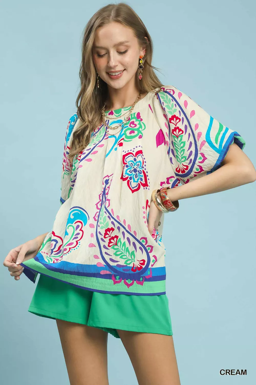 Border Print Puff Sleeve Blouse
