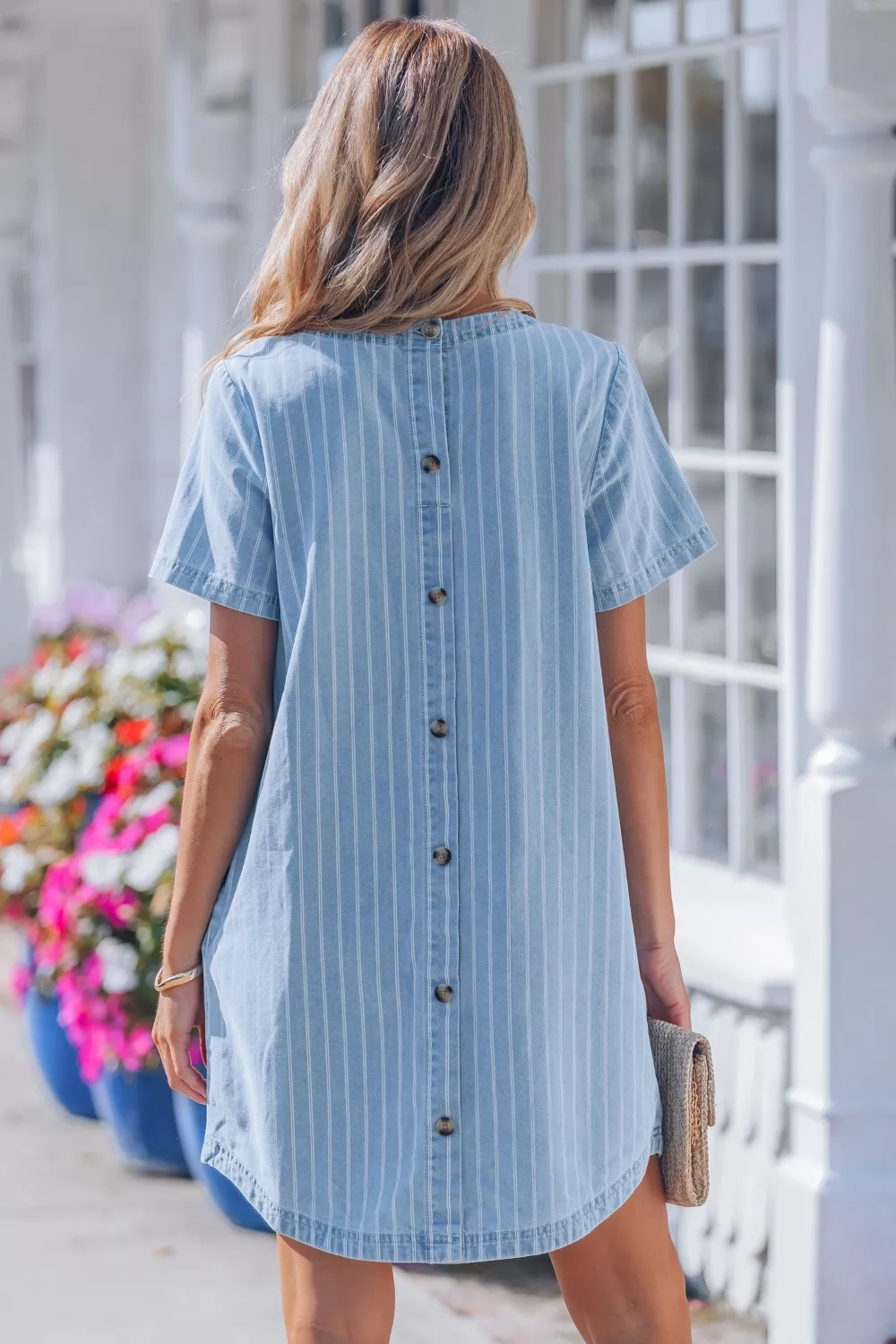 Stripe Buttoned Back T-Shirt Denim Mini Dress, image 2