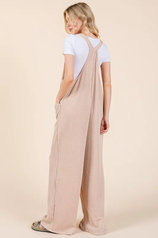 Knot Straps Wide Leg Ribbed Overalls with Pockets, image 3