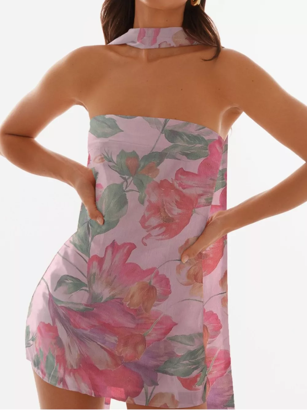 Floral Print Strapless Mini Dress with Scarf, image 8