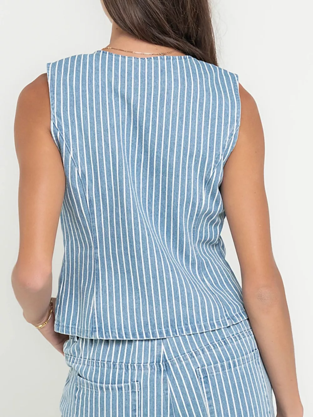 Striped Button Up Sleeveless Top and Jeans Denim Set, image 6