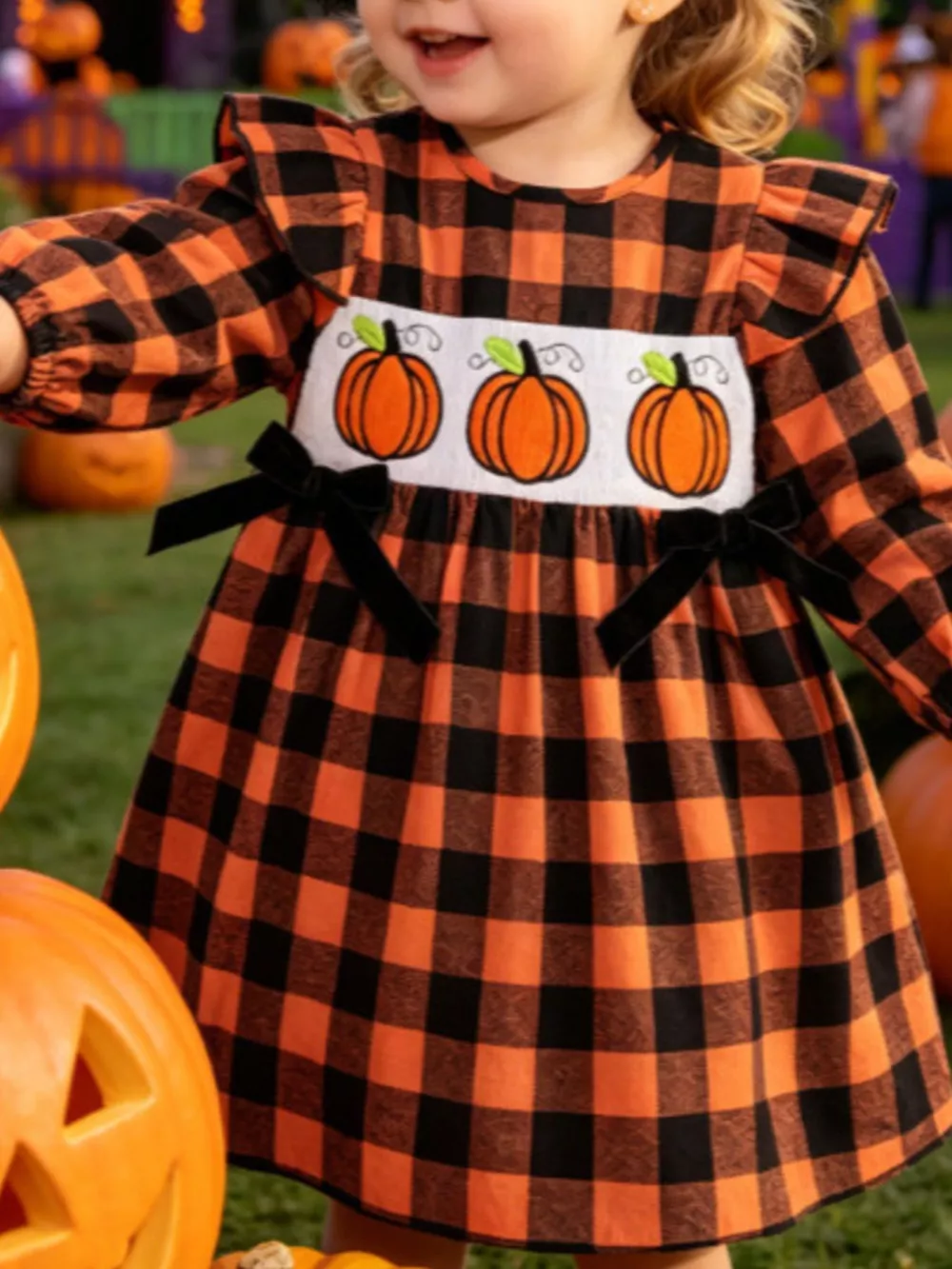 Children's Halloween Plaid Pumpkin Smocked Dress, image 2