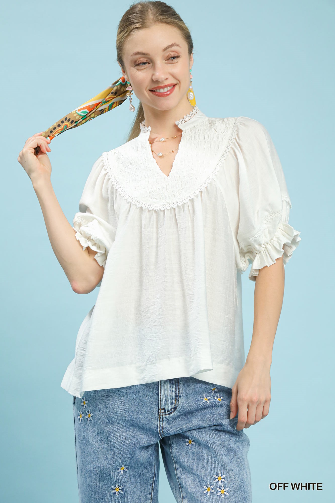 Smocked Yoke Blouse with Ruffle Sleeves