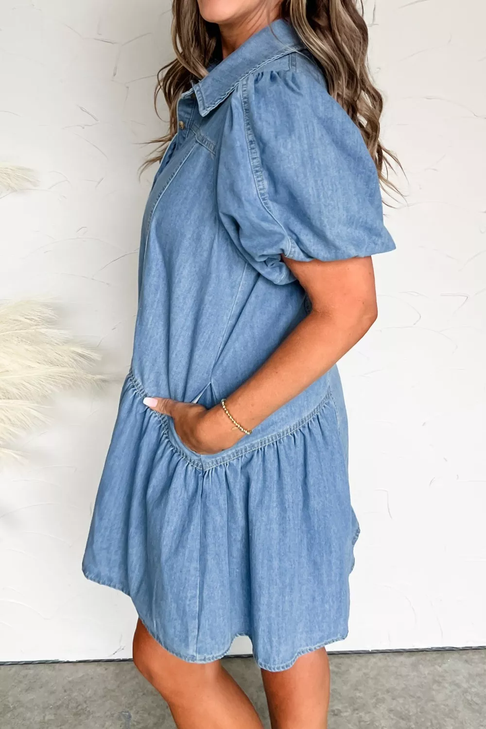 Button Down Short Puff Sleeve Ruffle Hem Denim Dress, image 6