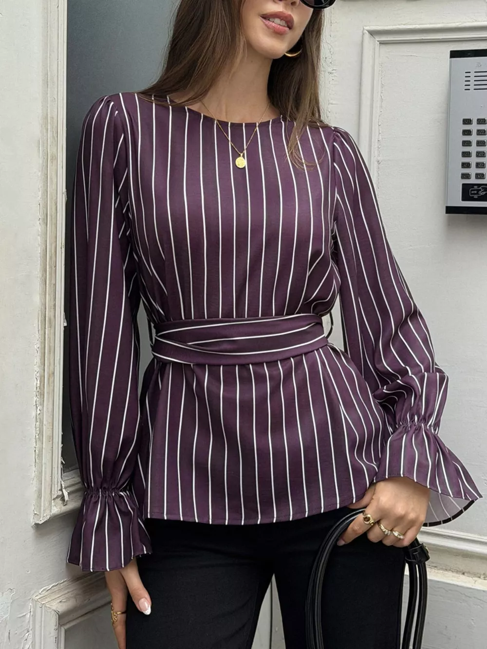 Striped Flounce Sleeves Blouse, image 4
