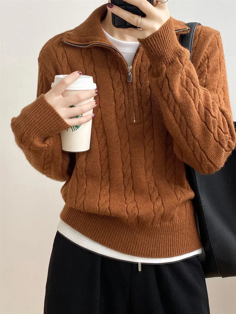 Cable-Knit Half Zip Long Sleeve Sweater, image 7