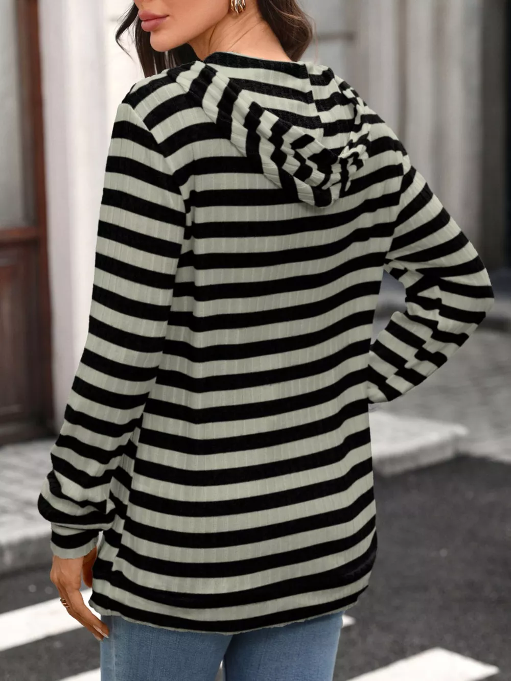 Casual Striped Ribbed Knit Hoodie with Kangaroo Pocket, image 12