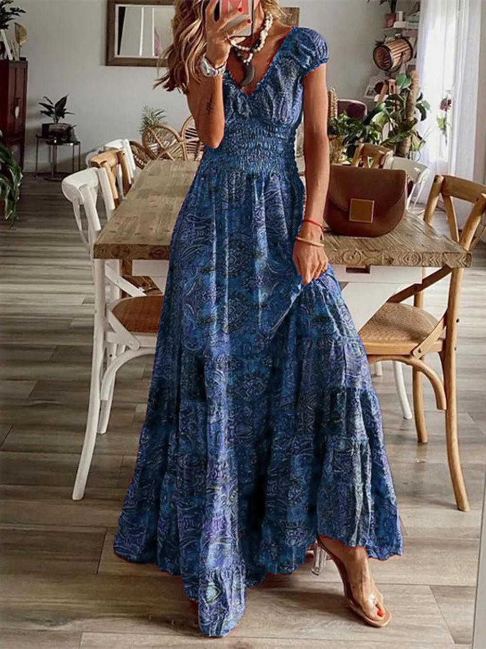 Full Size Smocked Printed V-Neck Short Sleeve Dress, image 8