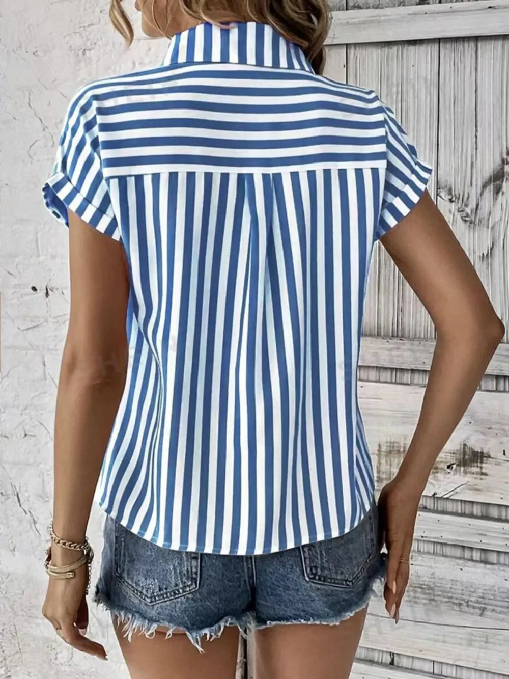 Striped Button-Up Short Sleeve Shirt with Pocket, image 11